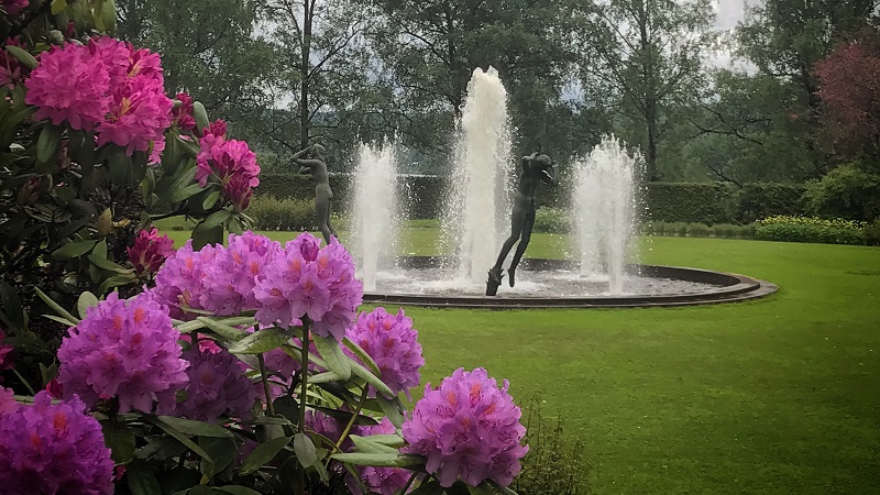 Foto: Rottneros park Fontän och blommande rhododendron i Rottneros park, en skulptur, vatten och natur möts i harmonisk skönhet.